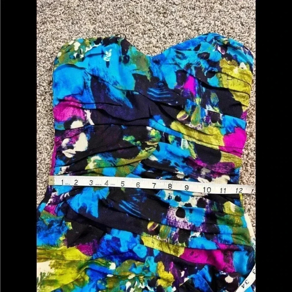 BAILEY BLUE MINI DRESS STRAPLESS FLORAL BLUE AND GREEN STRETCH SIZE MEDIUM - Picture 5 of 7